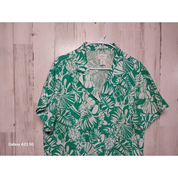 Nicole Miller Linen Top Women's Large Button Up Shirt Short Sleeve Floral Green - Picture 3 of 6